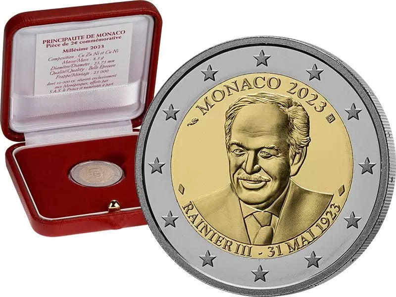 Pièce de 2 euros de Monaco commémorant le 100e anniversaire du prince Rainier III, 2023