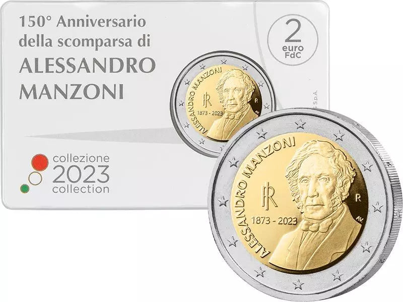 Pièce de 2 euros italienne commémorant le 150e anniversaire de la mort d'Alessandro Manzoni (carte commémorative officielle 2023)