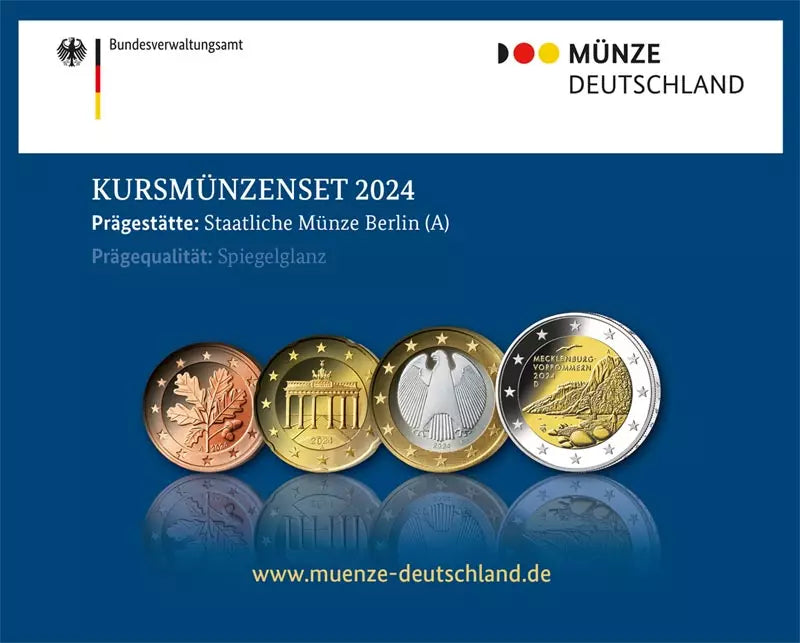 Coffrets de 5 pièces de 2 euros Allemagne 2024, qualité Fleur de Coin (A à J), sous blister, comprenant une pièce de 2 euros « Fauteuil du Roi ».