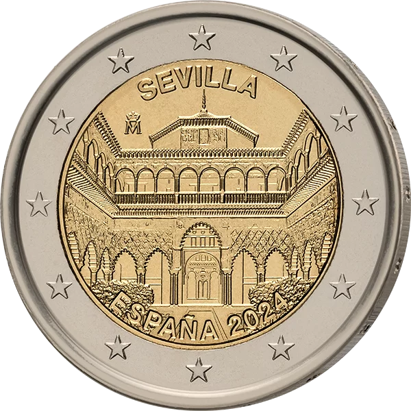 2 euros Espagne Cathédrale de Séville, classée au patrimoine mondial de l'UNESCO, royale. Alcazar et Archives des Indes 2024