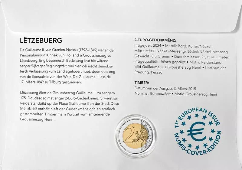 Lettre numismatique de 2 euros, Luxembourg, 175e anniversaire de la mort du Grand-Duc Guillaume II, 2024