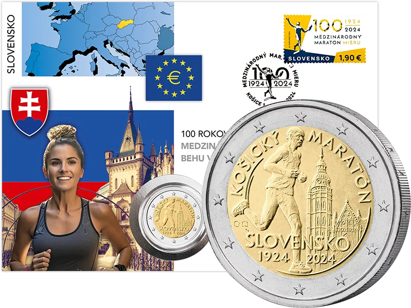 Enveloppe numismatique de 2 euros slovaque commémorant le centenaire du Marathon international de Košice 2024
