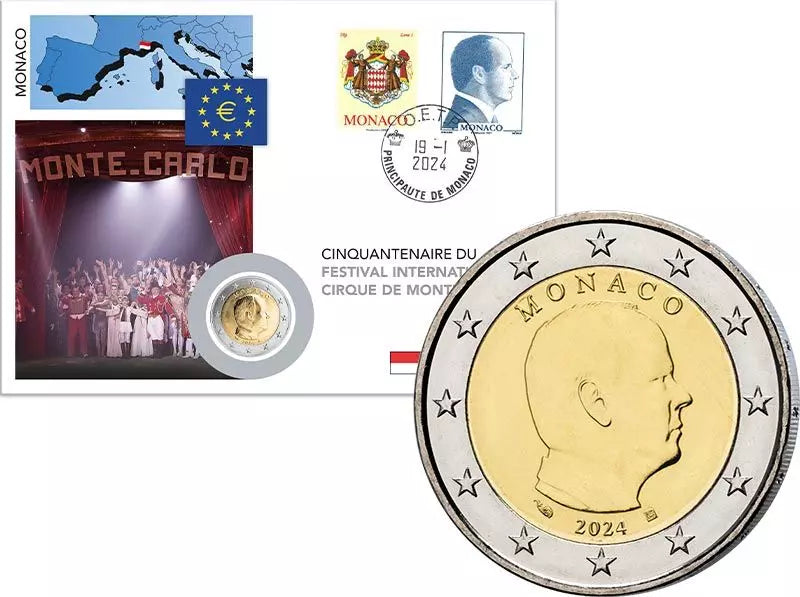 Lettre numismatique de 2 euros Monaco 50e anniversaire du Festival du Cirque de Monte-Carlo 2024