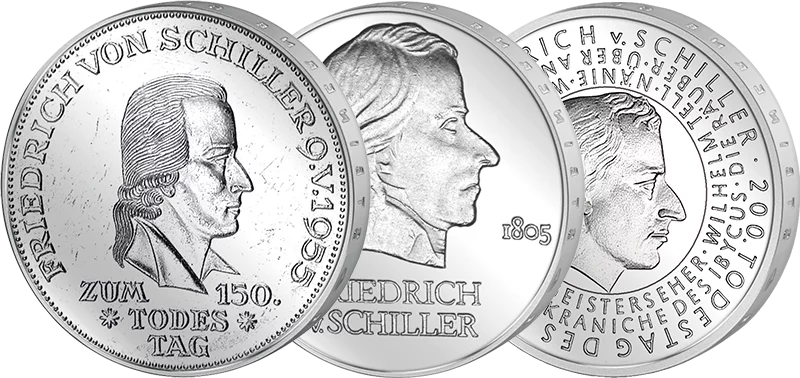 Coffret d'épargne de 5 DM, 20 marks et 10 euros, Allemagne de l'Ouest et de l'Est, Friedrich von Schiller, 1955, 1972 et 2005