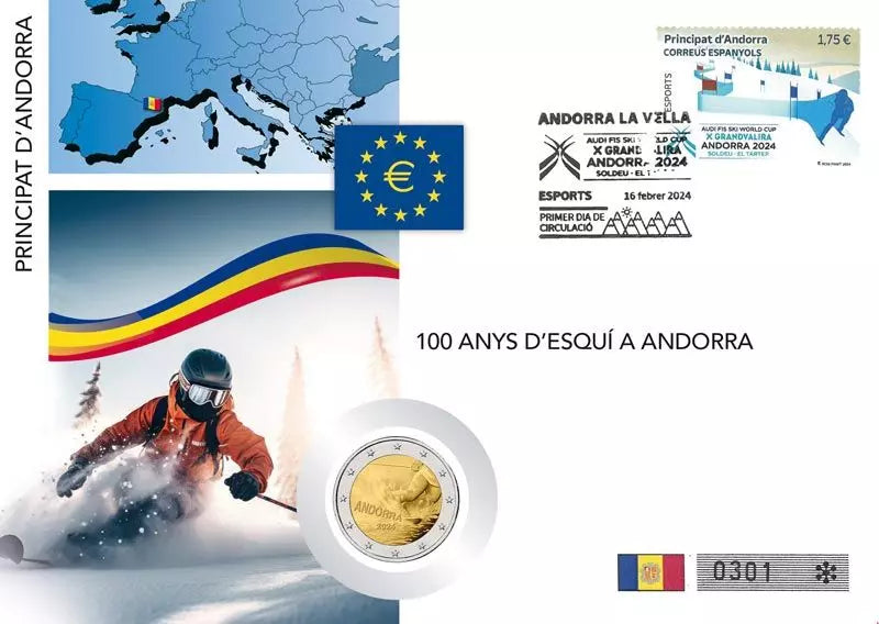 Lettre numismatique de 2 euros commémorant les 100 ans du ski en Andorre (2024)