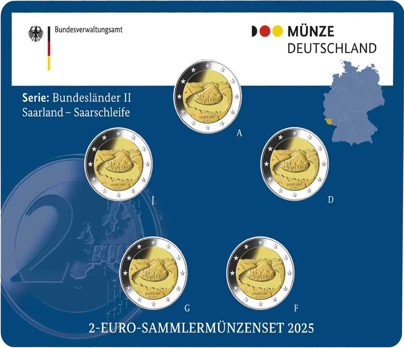 5 x 2 euros Allemagne Sarre Saarschleife 2025 Proof (A-J) incl. blister
