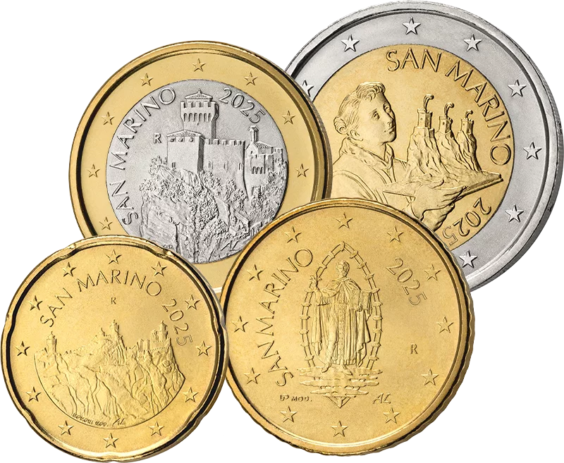Pièces de circulation de Saint-Marin : 20 centimes + 50 centimes + 1 euro + 2 euros, 2025