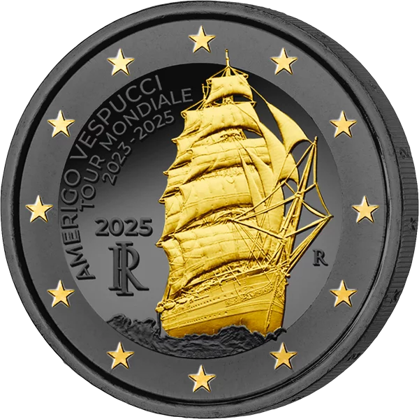 Tournée mondiale en Italie de l'édition 2025 Golden Enigma d'Amerigo-Vespucci (2 euros)