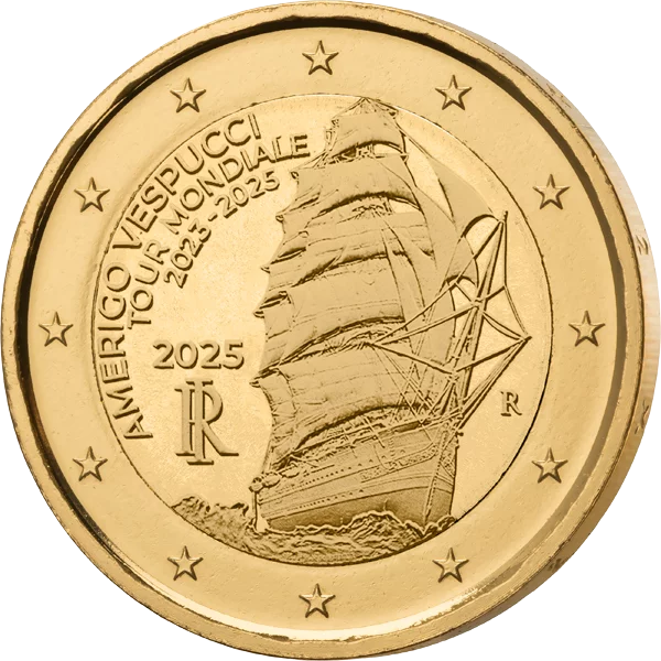 Pièce commémorative de 2 euros « Tour du monde en Italie » d'Amerigo Vespucci, édition premium entièrement plaquée or.