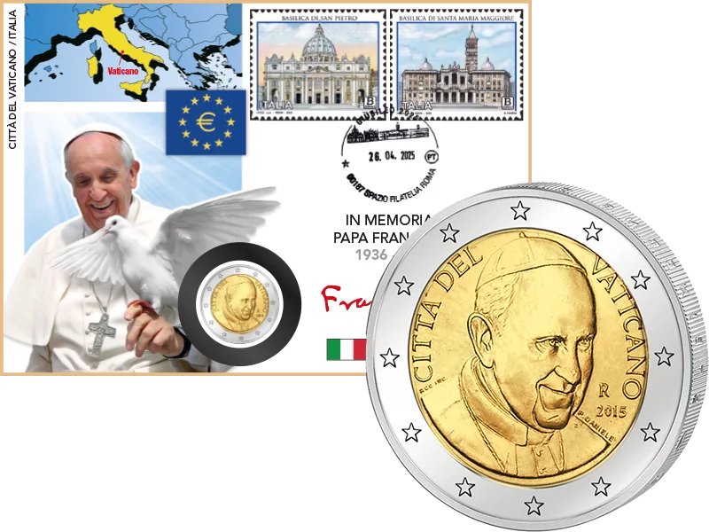 Lettre numismatique de 2 euros du Vatican - En mémoire du pape François