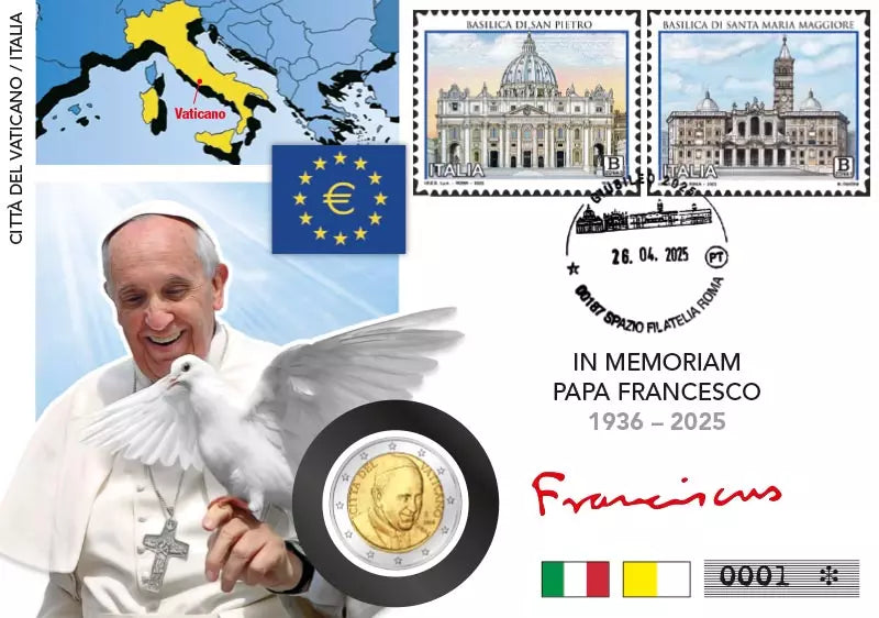 Lettre numismatique de 2 euros du Vatican - En mémoire du pape François