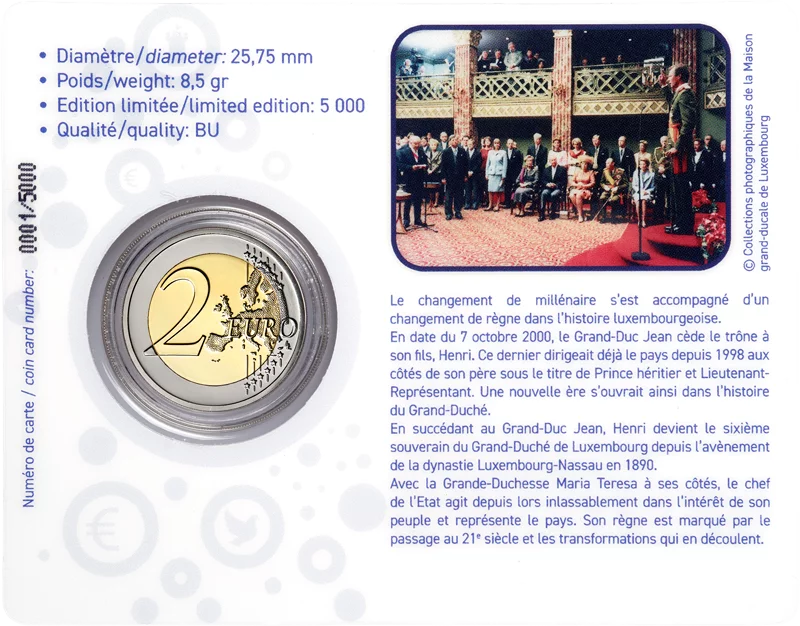 Pièce de 2 euros luxembourgeoise commémorant le 25e anniversaire de l'accession au trône du grand-duc Henri en 2025 (application couleur)