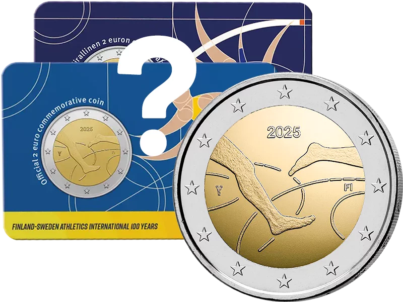Carte de 2 euros commémorant le centenaire de la compétition d'athlétisme Finlande-Suède 2025. Langue au choix.