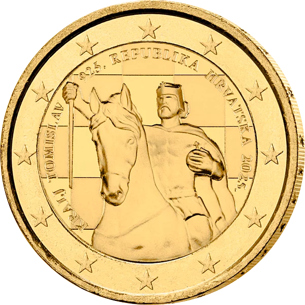 Pièce commémorative de 2 euros Croatie 1100e anniversaire du Royaume de Croatie et du roi Tomislav 2025, édition premium entièrement plaquée or