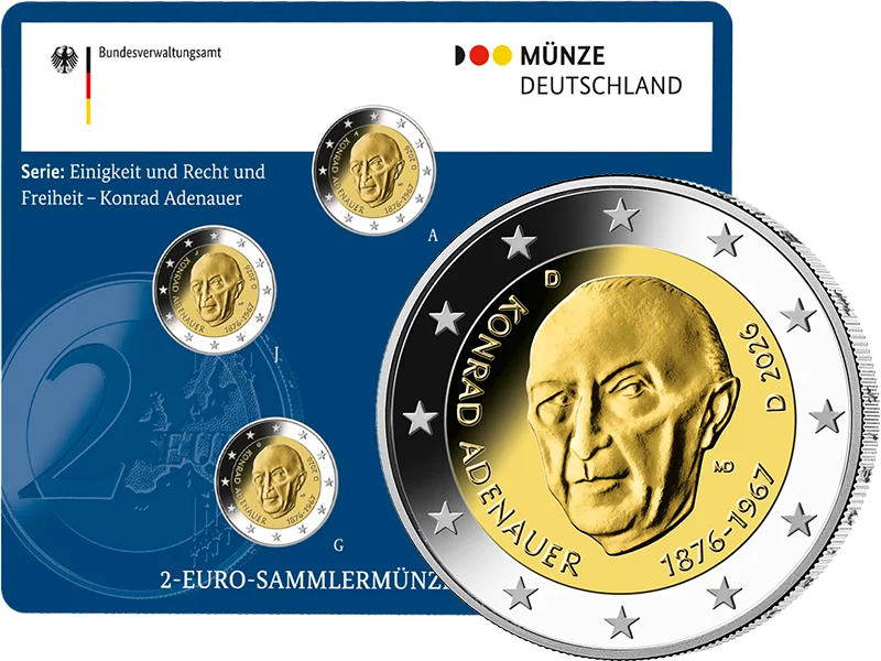 5 x 2 euros République fédérale d'Allemagne Premier chancelier - Konrad Adenauer 2026 État neuf (A-J) sous blister