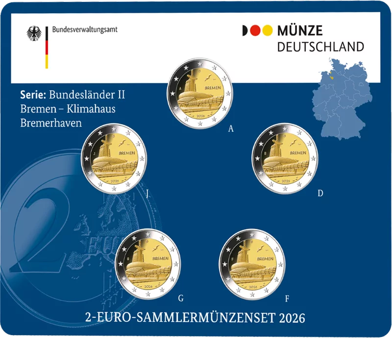 5 x 2 Euro BRD Brême - Klimahaus Bremerhaven 2026 Hors-Circulation (A-J) incl. cloque