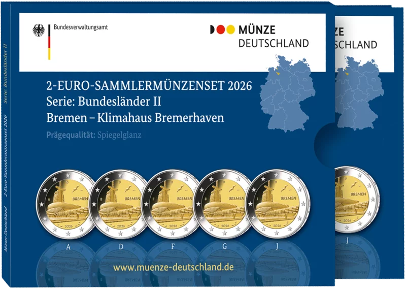 Plaque polie 5 x 2 Euro BRD Bremen - Klimahaus Bremerhaven 2026 (A-J) avec dossier