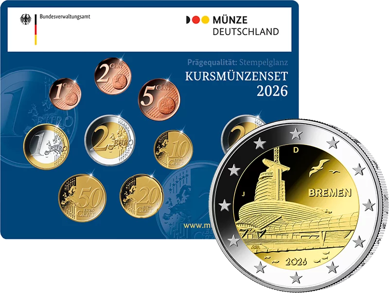 Coffrets de 5 pièces d'un euro Allemagne 2026 Brillant Universel (A-J) sous blister, comprenant 2 pièces Climate House en euros