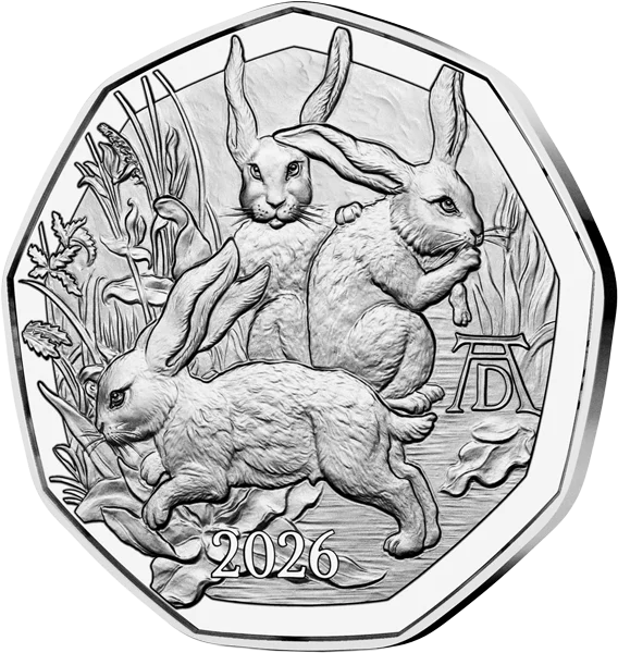 Pièce de Pâques autrichienne de 5 euros - Le Trio des Lièvres de Dürer 2026