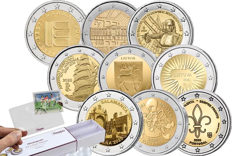 Coffret 9 x 2 Euro Saver 2025 comprenant 50 capsules dans un étui et une loupe pour cartes de visite