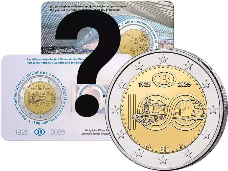 Pièce de 2 euros Belgique 100 ans des Chemins de fer d'État belges 2026, en carte à pièces, dans la langue de votre choix