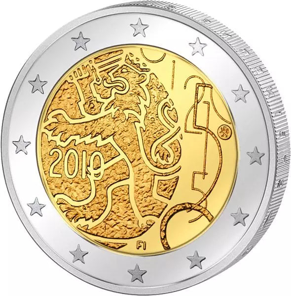 Pièce de 2 euros finlandaise, commémorant les 150 ans de la monnaie finlandaise (2010), en état neuf.
