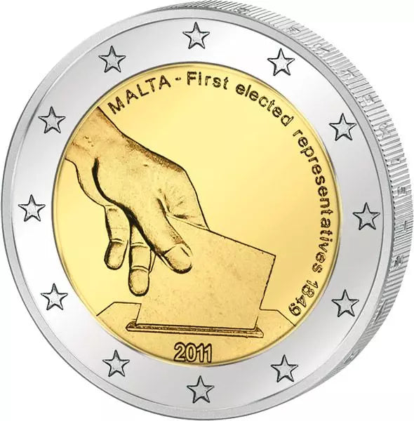 Pièce de 2 euros sur l'histoire constitutionnelle de Malte (2011), en parfait état.