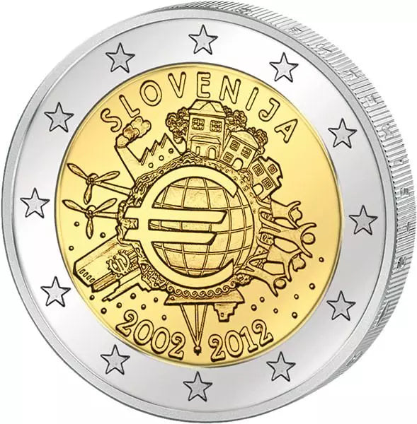 Pièce de 2 euros Slovénie 10 ans de l'euro Émission conjointe de tous les pays 2012 État neuf