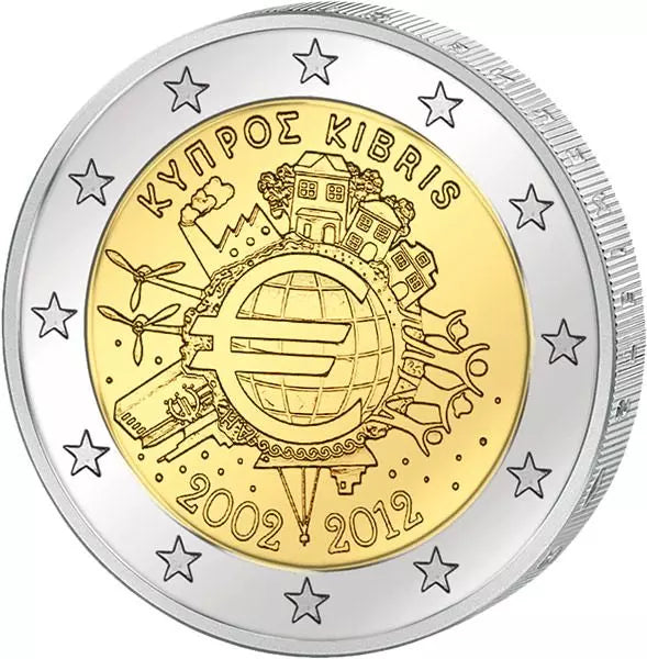 Pièce de 2 euros chypriote, commémorant les 10 ans de l'euro (émission conjointe de tous les pays, 2012), en parfait état.