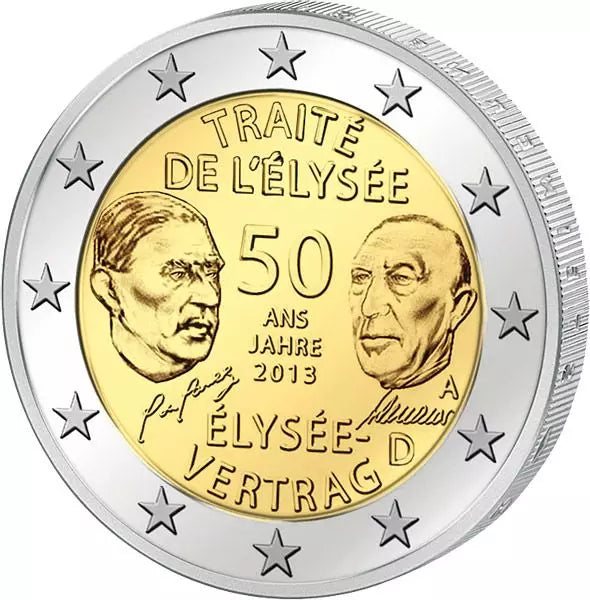 Pièce de 2 euros allemande commémorant le 50e anniversaire du traité de l'Élysée (2013), en parfait état.