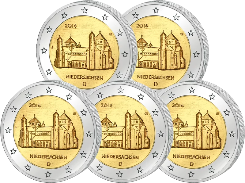 5 pièces de 2 euros, République fédérale d'Allemagne, Basse-Saxe, Église Saint-Michel, Hildesheim, 2014, État neuf (A.J.)