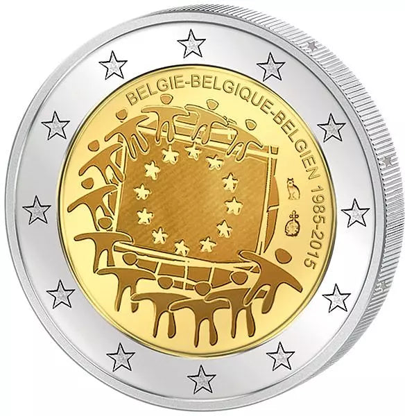 Pièce de 2 euros de Belgique, commémorant les 30 ans du drapeau européen (émission conjointe de tous les pays, 2015), en parfait état.