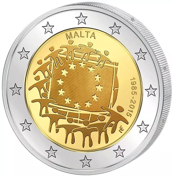 Pièce de 2 euros de Malte, commémorant les 30 ans du drapeau européen (émission conjointe de tous les pays, 2015), en parfait état.