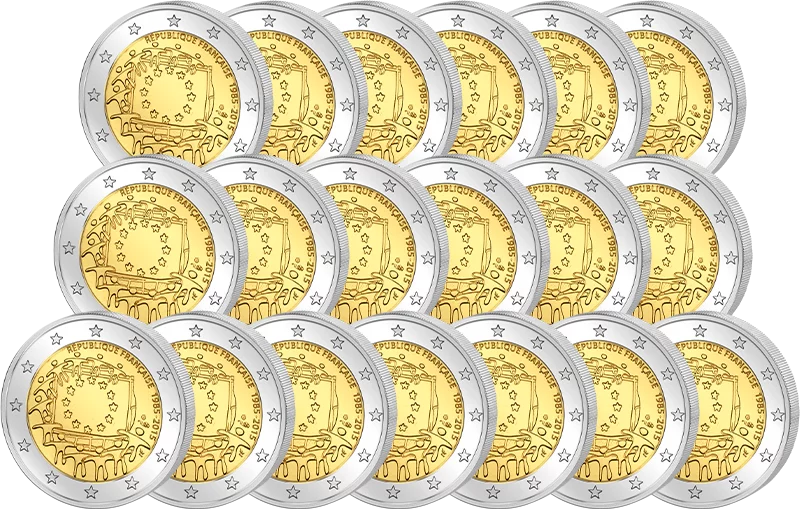 19 pièces de 2 euros, commémorant les 30 ans du drapeau européen, émission conjointe de tous les pays, 2015, état neuf