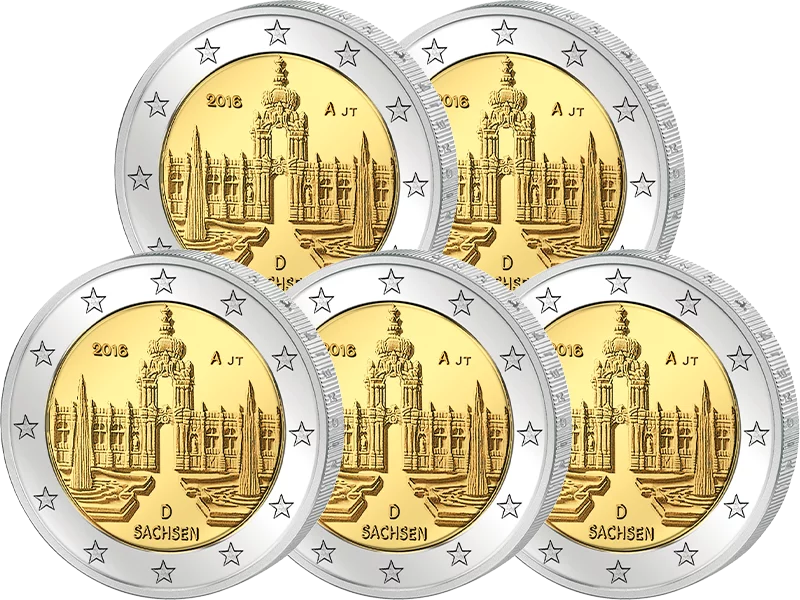 5 pièces de 2 euros, Allemagne, Saxe, Dresde Zwinger, 2016, état neuf
