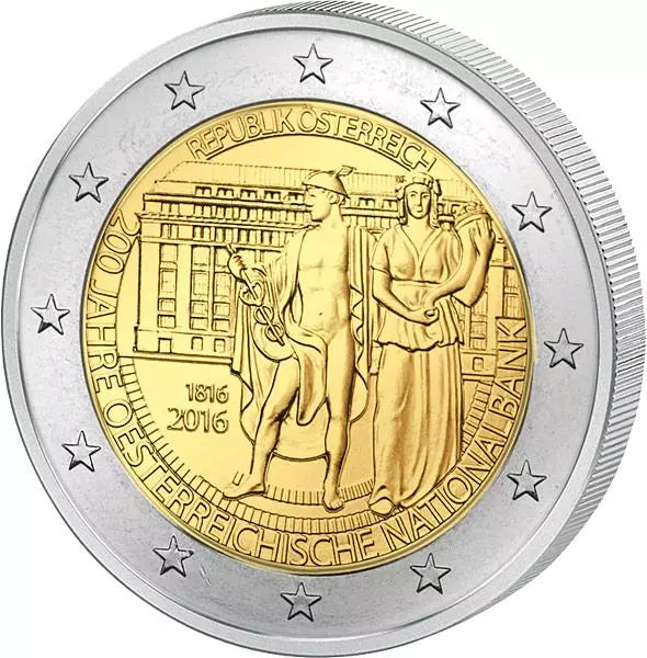 Pièce de 2 euros autrichienne, commémorant le 200e anniversaire de la Banque nationale (2016), en parfait état.