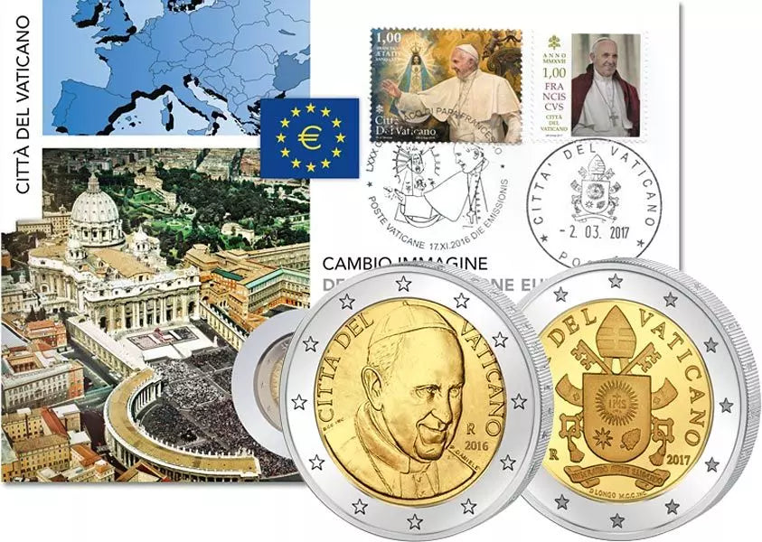 Lettre numismatique 2 x 2 euros, portrait et armoiries du pape François, Vatican, 2017