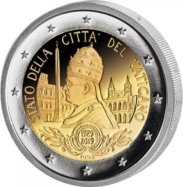 Pièce de 2 euros Vatican 90e anniversaire de la fondation de l'État de la Cité du Vatican 2019, état neuf sous blister