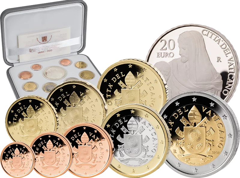 Coffret de pièces en euros du Vatican 2020, édition premier jour, comprenant une pièce commémorative en argent de 20 euros.