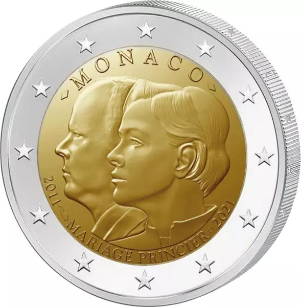 2 euros Monaco, 10e anniversaire de mariage du prince Albert II et de la princesse Charlène 2021