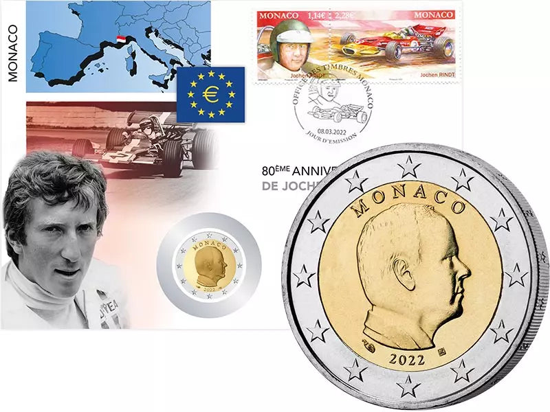 Pièce de 2 euros de Numispost Monaco commémorant le 80e anniversaire de Jochen Rindt 2022