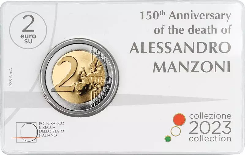 Pièce de 2 euros italienne commémorant le 150e anniversaire de la mort d'Alessandro Manzoni (carte commémorative officielle 2023)