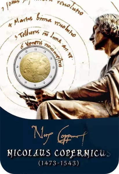 Pièce de 2 euros de Malte, commémorant le 550e anniversaire de Nicolas Copernic (2023), sous forme de carte officielle.