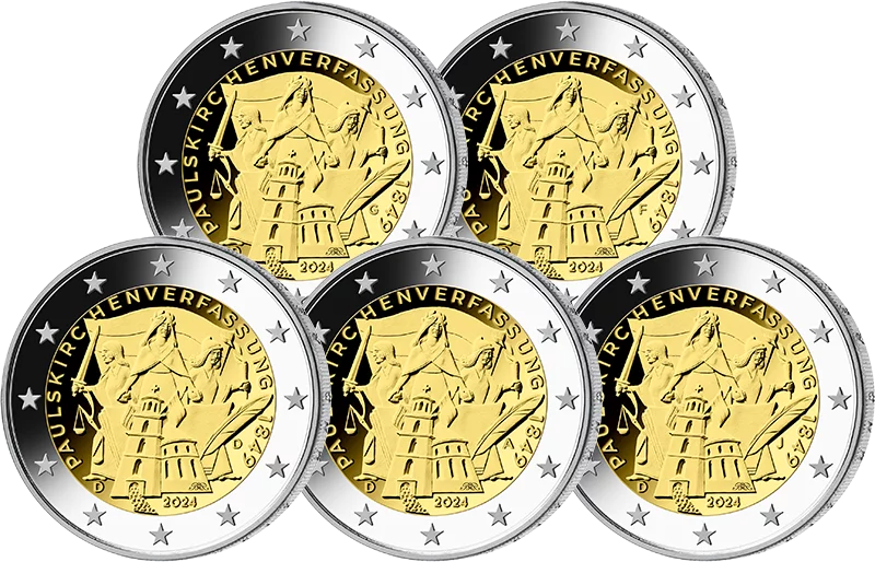 5 pièces de 2 euros, République fédérale d'Allemagne, 175e anniversaire de la Constitution de l'église Saint-Paul, 2024, état neuf (A-J)