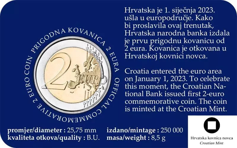 2 Euro Croatie Introduction de l'euro comme monnaie officielle 2023
