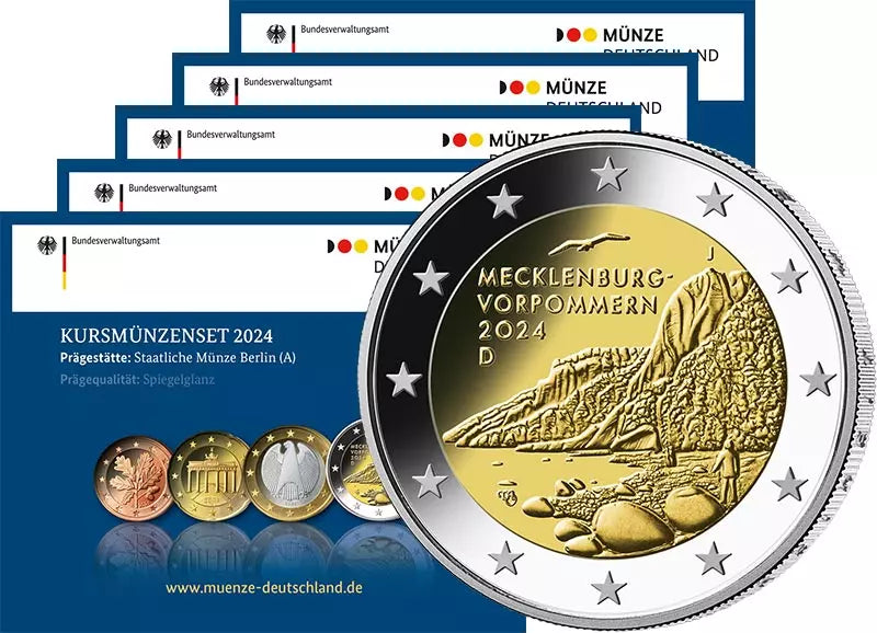 Coffrets de 5 pièces de 2 euros Allemagne 2024, qualité Fleur de Coin (A à J), sous blister, comprenant une pièce de 2 euros « Fauteuil du Roi ».