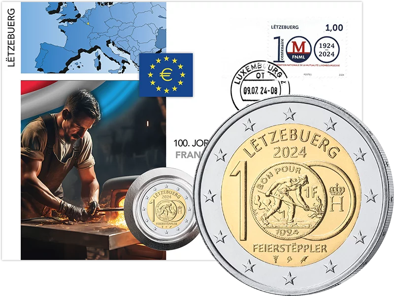 Enveloppe numismatique de 2 euros Luxembourg 100 ans depuis l'introduction des pièces de franc avec le timbre commémoratif 2024