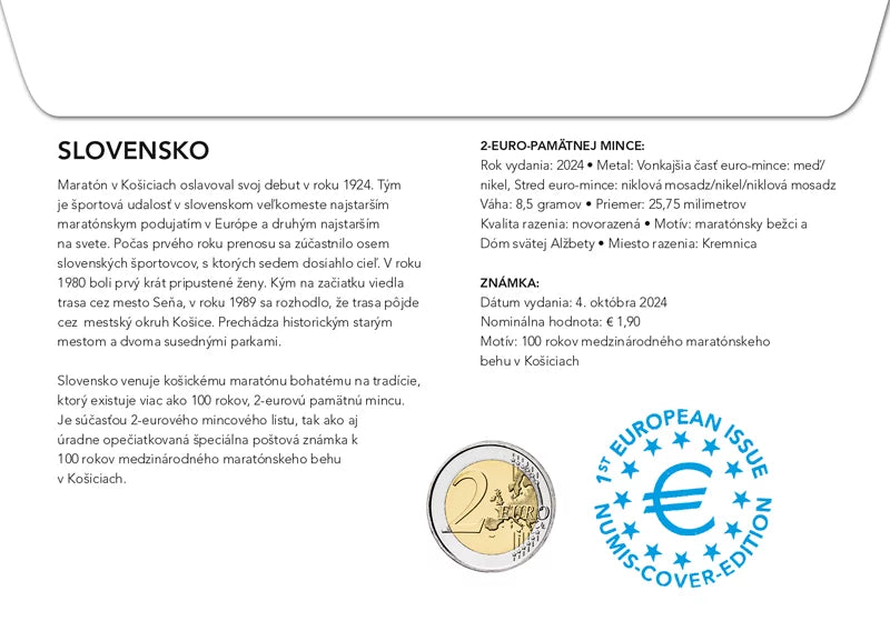 Enveloppe numismatique de 2 euros slovaque commémorant le centenaire du Marathon international de Košice 2024