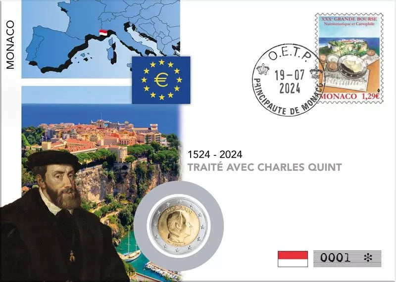Lettre numismatique de 2 euros Monaco 500e anniversaire du traité avec Charles Quint 2024