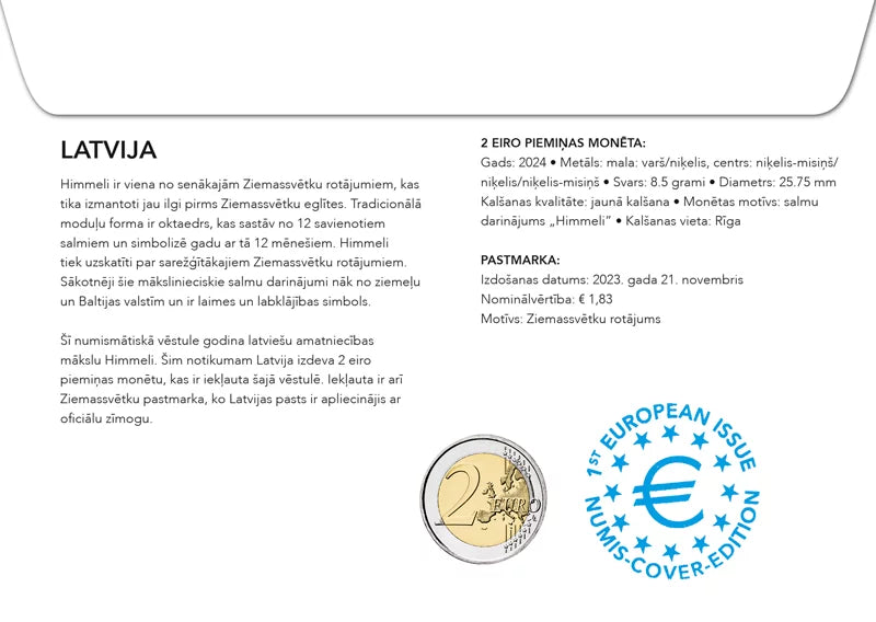 2 Euro Lettre Numismatique Lettonie Artisanat Letton Himmeli - Puzuris 2024